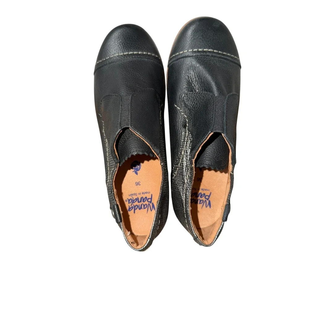 Wanda Panda Leather Shoes 36 Black Metallic Slip On Oxford Made in Spain